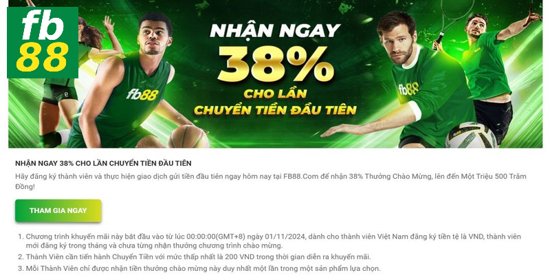 Thưởng chuyển tiền lần đầu 38%